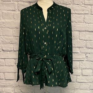 Sweet Rain Dark Green Blouse with Gold Metallic Accents and Cinched Waist Size M